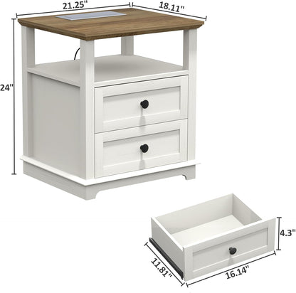 HIFYOBRO End Table with Flip Top Charging Station and 2 Drawers, Type-C & USB Port & Power outlets, Wooden Storage Cabinet, Large Side Table with Storage for Living Room and Bedroom (White)