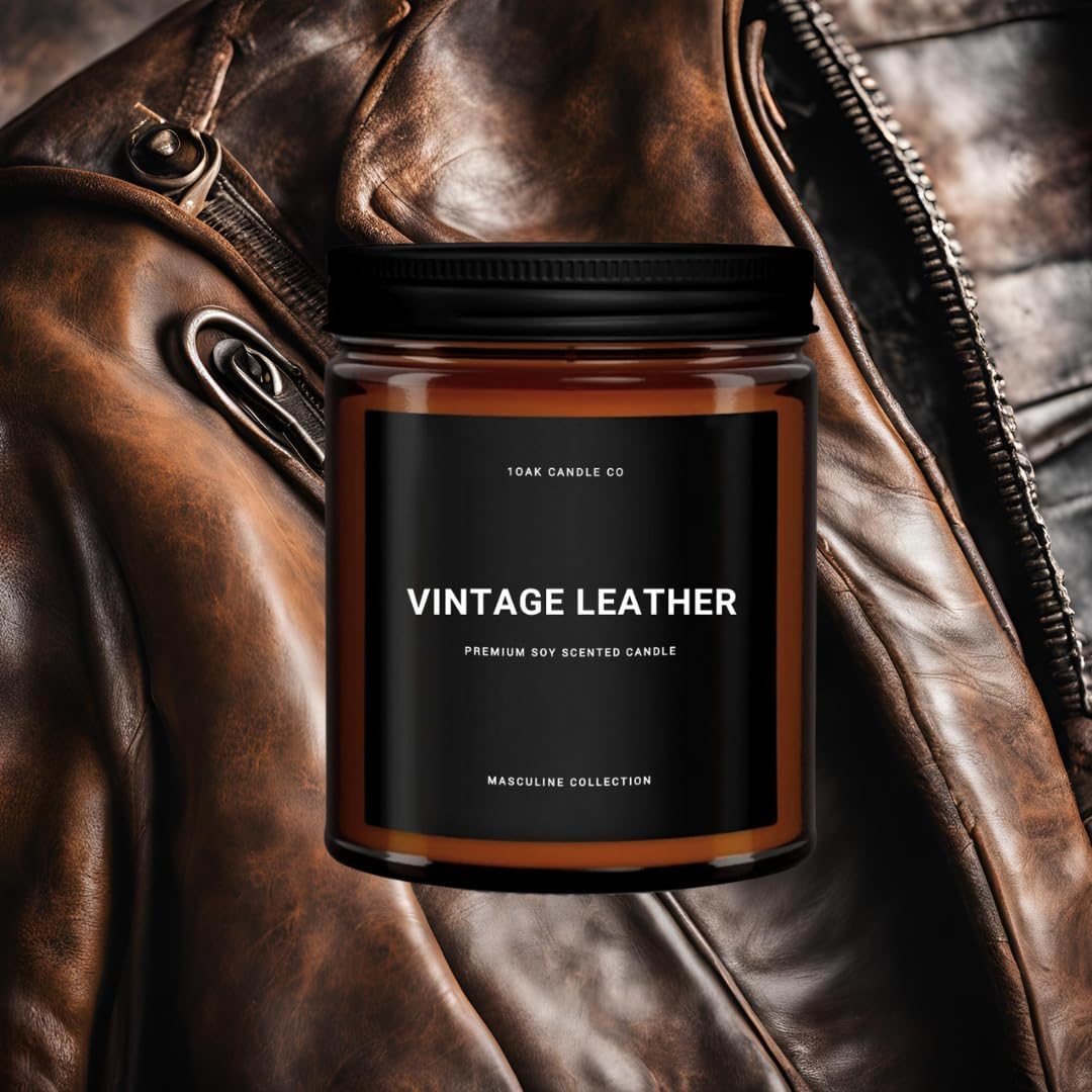 1OAK Scented Candles for Men (Vintage Leather) - Leather Candle- Masculine Decor - Long Burning Premium - Soy Wax (7oz.)