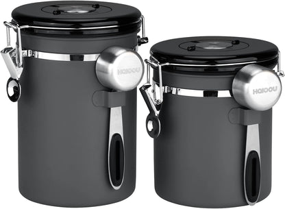 HAIOOU Airtight Coffee Canister, 22OZ +16OZ 2 Piece Stainless Steel Coffee Bean Storage Container with Date Tracker, Measuring Scoop, 6Pcs CO2 Valves, Mini Tongs for Coffee Bean, Grounds - Grey