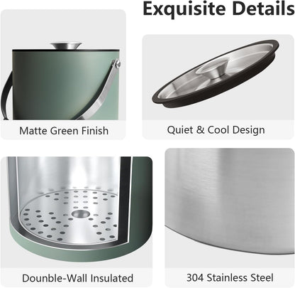 3L Ice Bucket with Silicone Lid, Scoop, Tongs & Strainer, Stainless Steel Double Wall Insulated Ice Buckets for Parties & Cocktail Bar, Outdoor Champagne Ice Container Bin, Dusty Green