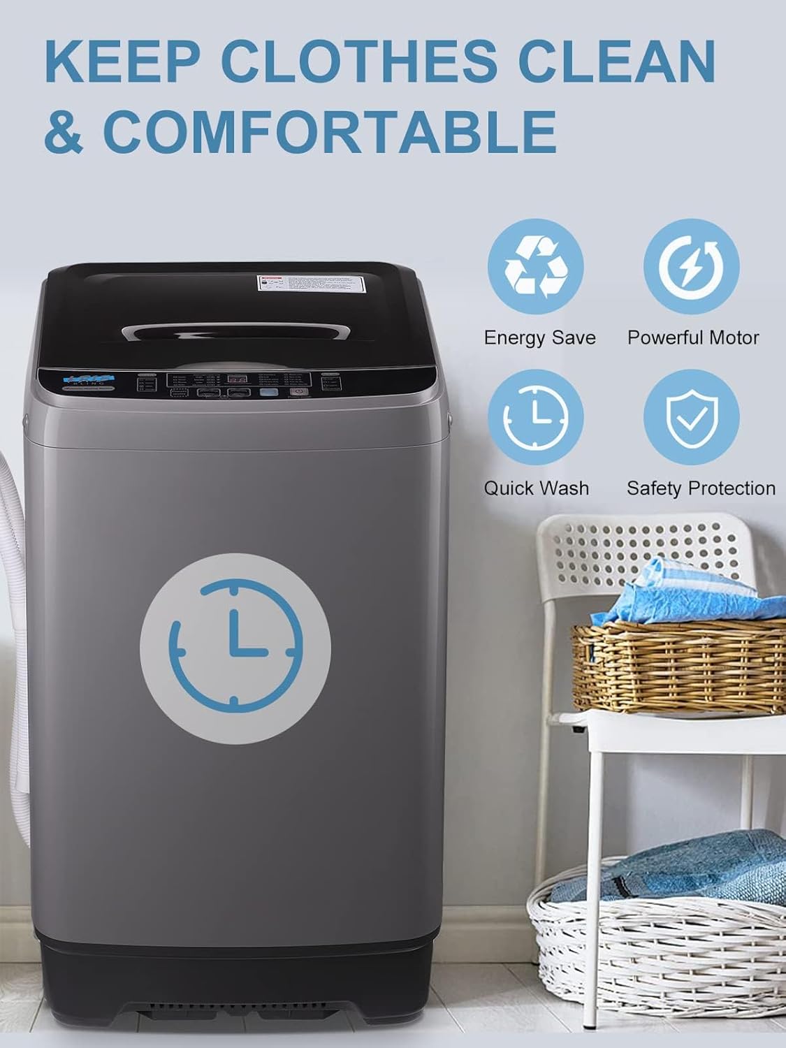 Full-Automatic Washing Machine 17.7 lbs Small Compact Portable 10 Wash Program & 8 Water Level Compact Washer with LED Display Ideal for Apartments, RV, Camping, Grey (KB03-GREY6)