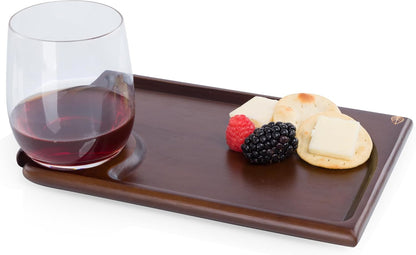 PICNIC TIME Rectangle Wine Appetizer Plates Set of 4, Cocktail Plate with Glass Holder, Cheese Board with Wine Holder, (Stained Parawood)