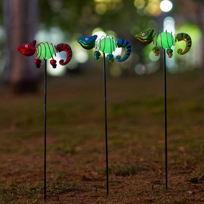 3 Pack Garden Stakes Decorative,Cute Chameleons Glow in The Dark Metal Garden Decor,Waterproof Metal Yard Art Decor for Outside,Funny Present for Mom Women Grandma