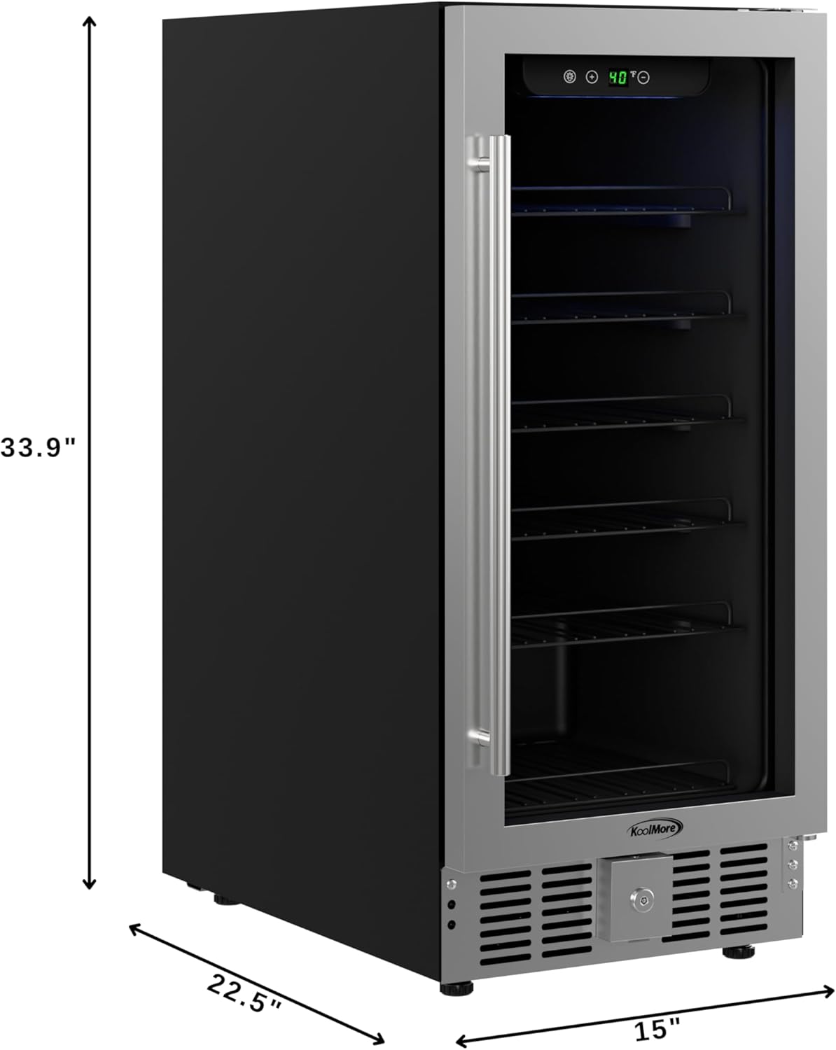 KoolMore 15” Inch Small Built-In Refrigerator and Beverage Cooler for Soda Cans, Beer Cans, Food and Fresh Snacks, 5 Wire Shelves, Adjustable Temperature Range (KM-BIR3C-GD), Stainless Steel