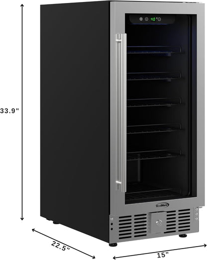 KoolMore 15” Inch Small Built-In Refrigerator and Beverage Cooler for Soda Cans, Beer Cans, Food and Fresh Snacks, 5 Wire Shelves, Adjustable Temperature Range (KM-BIR3C-GD), Stainless Steel