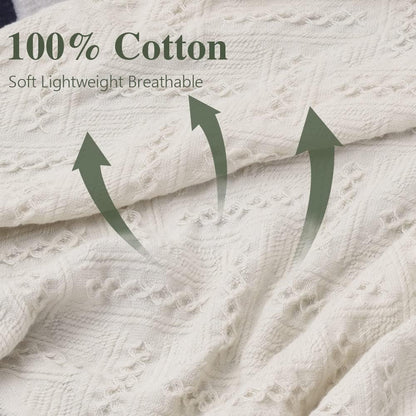Simple&Opulence 100% Cotton Throw Blanket for Bed, Couch, Boho Luxury Geometric Knit Woven Blanket with Tassels Soft Lightweight Cozy Breathable, Vintage Farmhouse Decoration for All-Season(White)