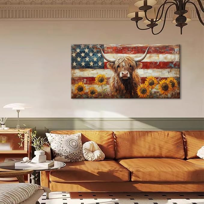 LASMOND Country Highland Cow Wall Art for Living Room Rustic Retro Vintage American Flag Sunflower Canvas Painting Prints Highland Cattle Artwork Farmhouse Bedroom Office Decor (30x16 Inches)