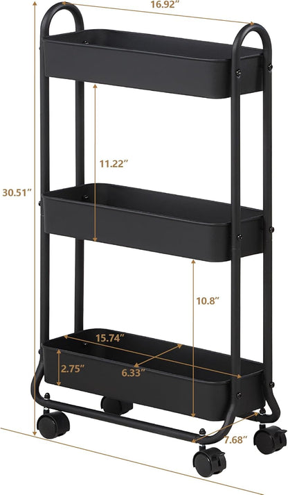 SunnyPoint Slim Rolling Storage Cart, 3 Tier Bathroom Storage Organizer Bathroom, Laundry Utility Cart (Black)