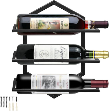 Wall Mounted Wine Stemware Rack, Metal Hanging Wine Glass Display Holde Holds 3 Bottles, Elegant Storage for Kitchen Dining Room Bar Wine Cellar