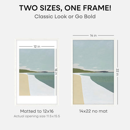 Homeforia 14x22 Picture Frame White, High End Oak 14x22 White Wood Frame with Mat 12x16 Photo, 14 x 22 Wooden Poster Frames Matted to 12 by 16, 22x14 Hanging Frames, Tempered Glass, Wall Kit, Set of 1