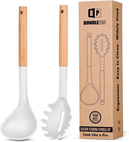 Silicone Pasta Fork and Ladle Spoon Set with Wooden Handle, Heat Resistant Non Stick Kitchen