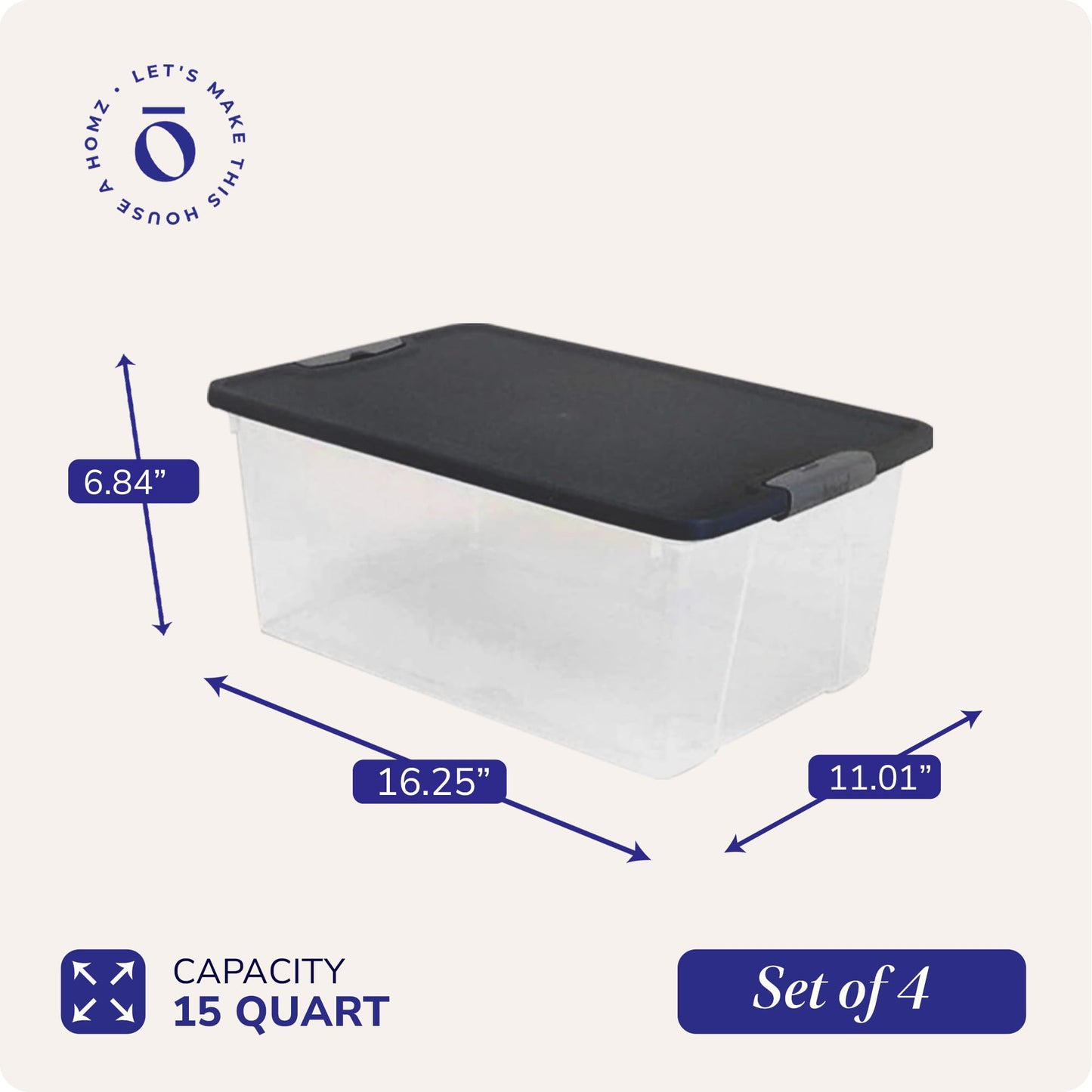 HOMZ 4-Pack Secure Latch, Clear Plastic Storage Organizer Bins, 15 Quart, Gray Lid - Stackable