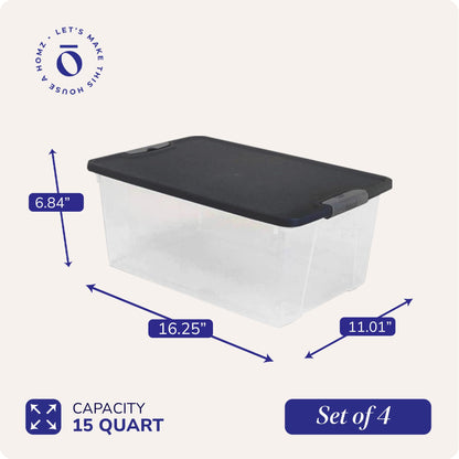 HOMZ 4-Pack Secure Latch, Clear Plastic Storage Organizer Bins, 15 Quart, Gray Lid - Stackable