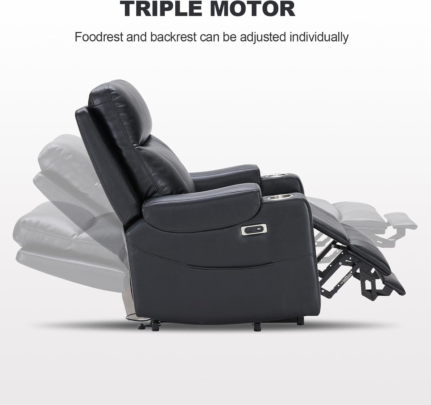 Triple Motor Power Lift Recliner Chair with Adjustable Lumbar Support, Lay Flat Recliner for Elderly, Breathable Black Lift Chair Leather Recliner, Massage & Heating, USB Ports, Cup Holders