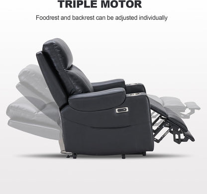 Triple Motor Power Lift Recliner Chair with Adjustable Lumbar Support, Lay Flat Recliner for Elderly, Breathable Black Lift Chair Leather Recliner, Massage & Heating, USB Ports, Cup Holders