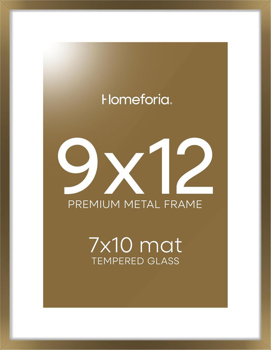 Homeforia 9x12 Frame Bronze, High End Metal 9 x 12 Brass Picture Frames with Mat 7 by 10 inch Photo, 9by12 Poster Frame Matted to 7x10, 12x9 Wall or Tabletop Frames, Tempered Glass, Wall Kit, Set of 1