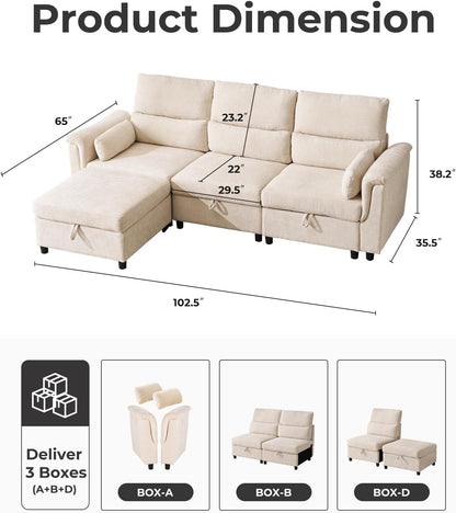 103'' Modular Sectional Sofa, L Shaped Comfy Cloud Couch with Storage,4-Seat Convertible Modern Deep Seat Sofa with Throw Pillows for Living Room,Beige
