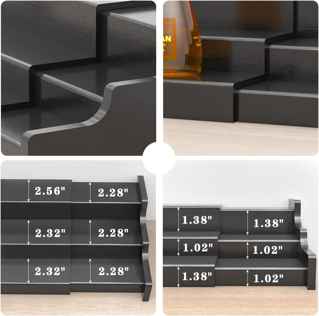 Spice Rack Organizer For Cabinet - 3 Tier Black Bamboo Wooden Expandable Display Shelf from 12.70 to 22.20 inch