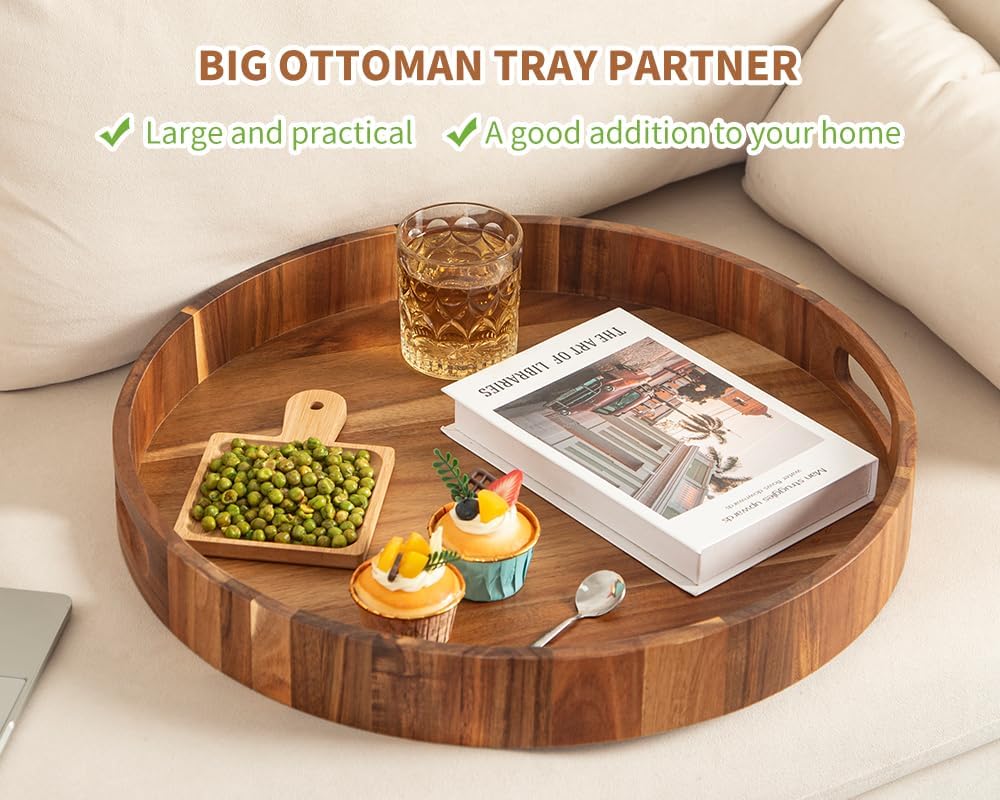 Extra Large Round Ottoman Coffee Table Tray, 22" Big Kitchen Serving Trays for Huge Ottoman Counter Giant Decorative Organizer, Huge Wood Serveware Tray with Built-in Handle for Big Job