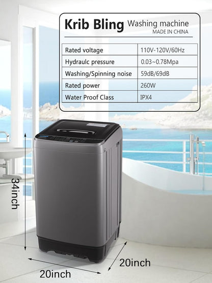 17.7 lbs Full-Automatic Washing Machine with LED Display, Portable Compact Laundry Washer with Drain Pump, 10 Wash Programs 8 Water Levels, Grey