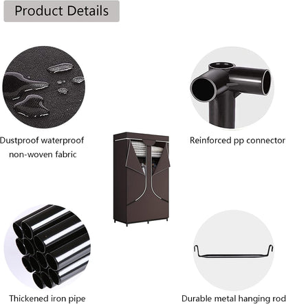 SORCEDAS Portable Wardrobe Closet Storage Organizer Metal Hanging Rack Non-Woven Fabric 34 Inch Coffee (34 Inch, Coffee)