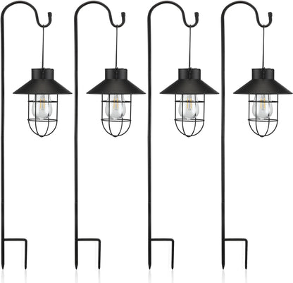 Retisee 4 Pcs Hanging Solar Light 31" Outdoor Solar Lamp Lanterns with Dual Use Shepherd Hook Waterproof Pathway Hanging Lights Metal Garden Lantern for Path Patio Yard Lawn Driveway Markers (Black)
