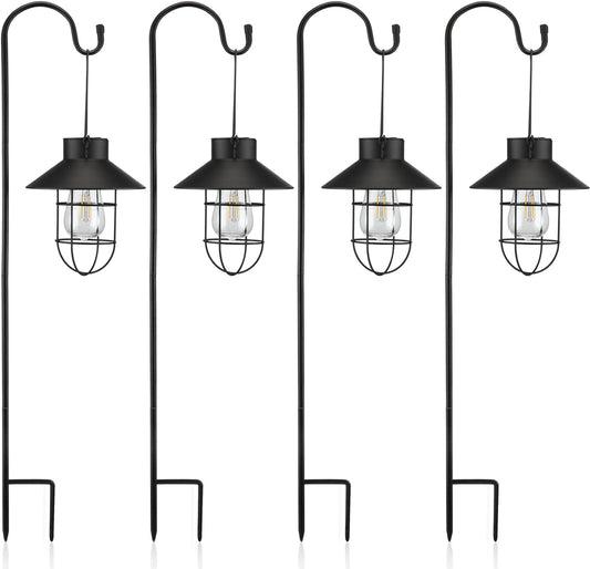 Retisee 4 Pcs Hanging Solar Light 31" Outdoor Solar Lamp Lanterns with Dual Use Shepherd Hook Waterproof Pathway Hanging Lights Metal Garden Lantern for Path Patio Yard Lawn Driveway Markers (Black)