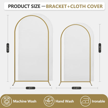 Arch Backdrop Stand and Cover Set, 2 Metal Balloon Arch Backdrop 7.2ft 6ft, Gold Arched Stand Frame for Wedding, Parties,Birthday, Backdrop Decorations (White,7.2ft+6ft)