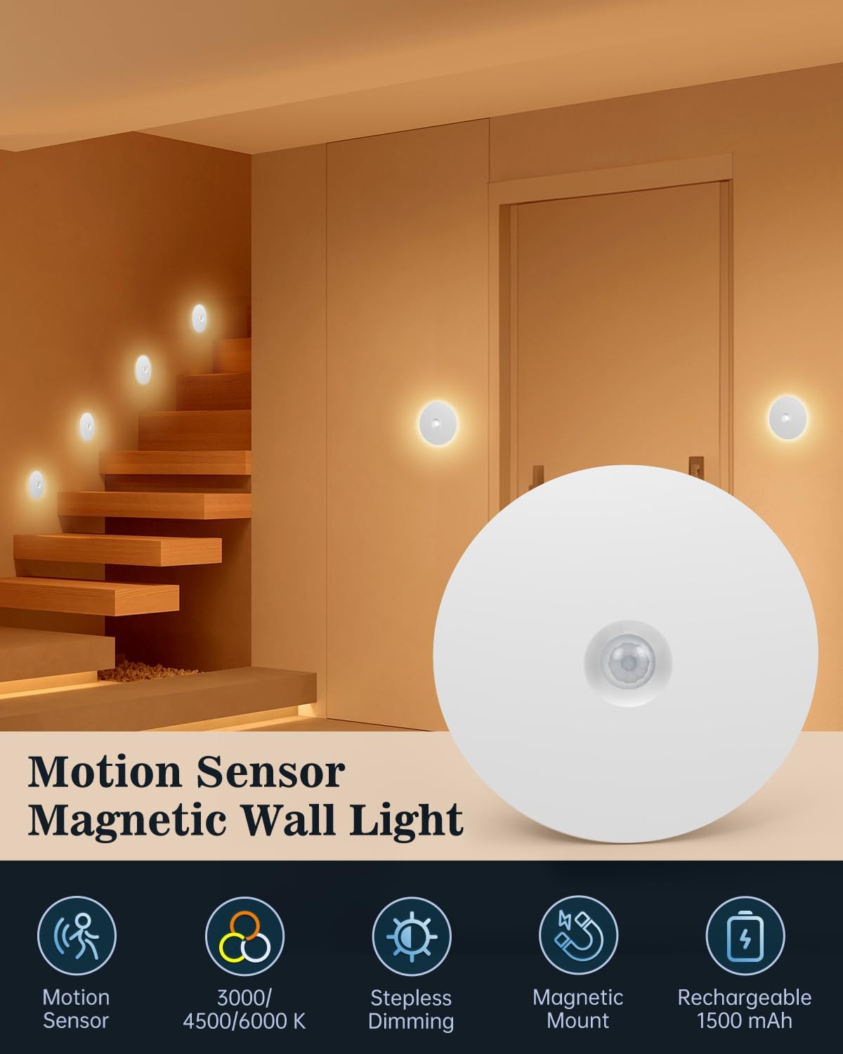 Yiliaw Motion Sensor Night Light, Rechargeable Stair Lights Indoor, Warm White with Wireless Magnetic Mount, Adjustable Brightness & 3 Color Temps for Hallway, Stairway, Bathroom, Closet (4 Pack)