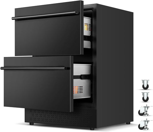 Tylza Under Counter Drawer Fridge 24 Inch, Built-in/Freestanding Beverage Refrigerator for Home and Commercial Use, Stainless Steel Material, Fast Cooling, Low Noise, Black