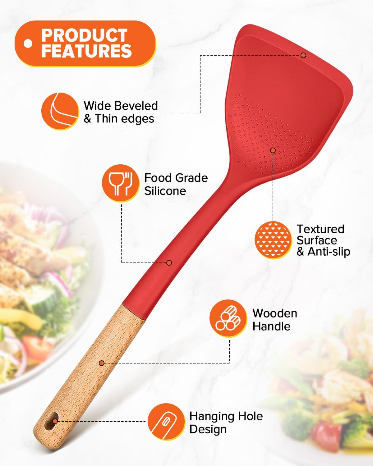 Silicone Cooking Utensils Set, Perfectly Angled for Frying, Mixing,Serving,Draining,Turning and Stirring, BPA-Free Matte Silicone, Wood Handles, Safe for Nonstick Cooking Surfaces,4 Pack (Red)