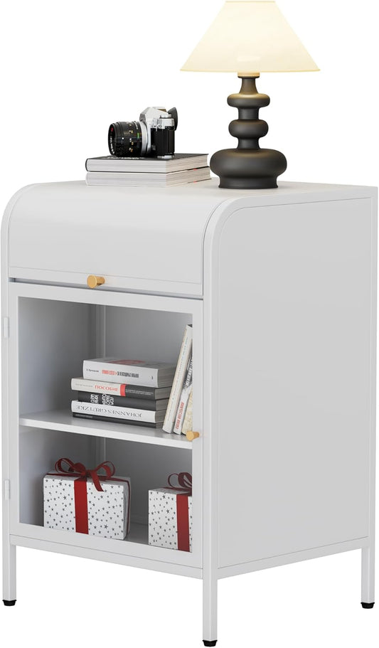 Modern Metal Side Tables, End Tables with Glass Door, 2-Tier Nightstands with Storage Shelves, Accent Table, Slim Sofa Table for Living Room, Bedroom (1, White)