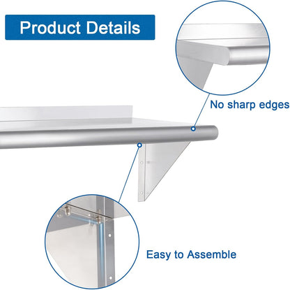 HARDURA Stainless Steel Shelf 18" x 24", 297lb Commercial Shelves Wall Mount Metal Shelving with Backsplash and Brackets for Kitchen, Restaurant, Laundry Room and Home