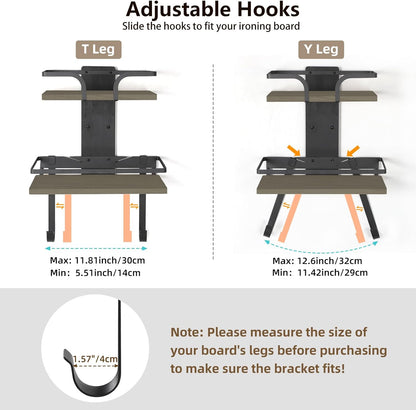 VINAEMO Ironing Board Hanger Wall Mount, 2-Layer Iron and Ironing Board Holder, Laundry Room Shelves Solid Wood with Removable Hooks Home Organization and Storage