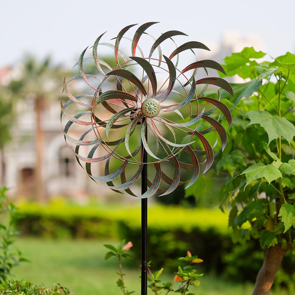 Viveta Large Outdoor Wind Spinner,21 * 85 inches Metal Wind Sculpture with 4 Sturdy Stakes,Green Double Wind Spinners,Decorative Windmill for Yard and Garden