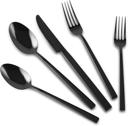 Stainless Steel Flatware Set Hand Forged 18/10 Silverware Set Mirror Black Cutlery Set with Cuboid Handle Matte Finished 20 Pieces Home Event Use Wedding Housewarming Gift Service for 4