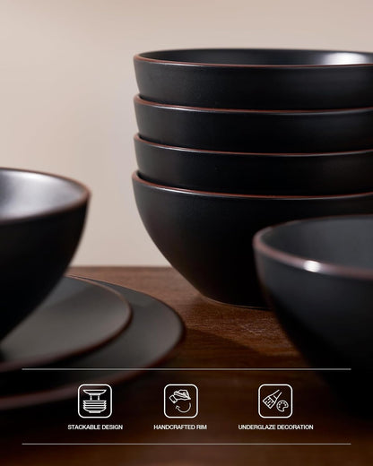Famiware Venus Plates and Bowls Sets, 12 Pieces Stoneware Dinnerware Sets, Dishes Set for 4, Microwave and Dishwasher Safe, Matte Black