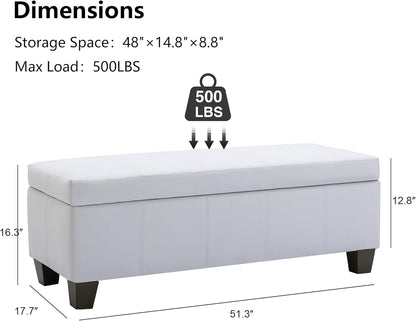 51 Inch Faux Leather Ottoman with Storage, End of Bed Bench with Large Storage, Rectangular Extra Long Bench for Bedroom and Living Room, White