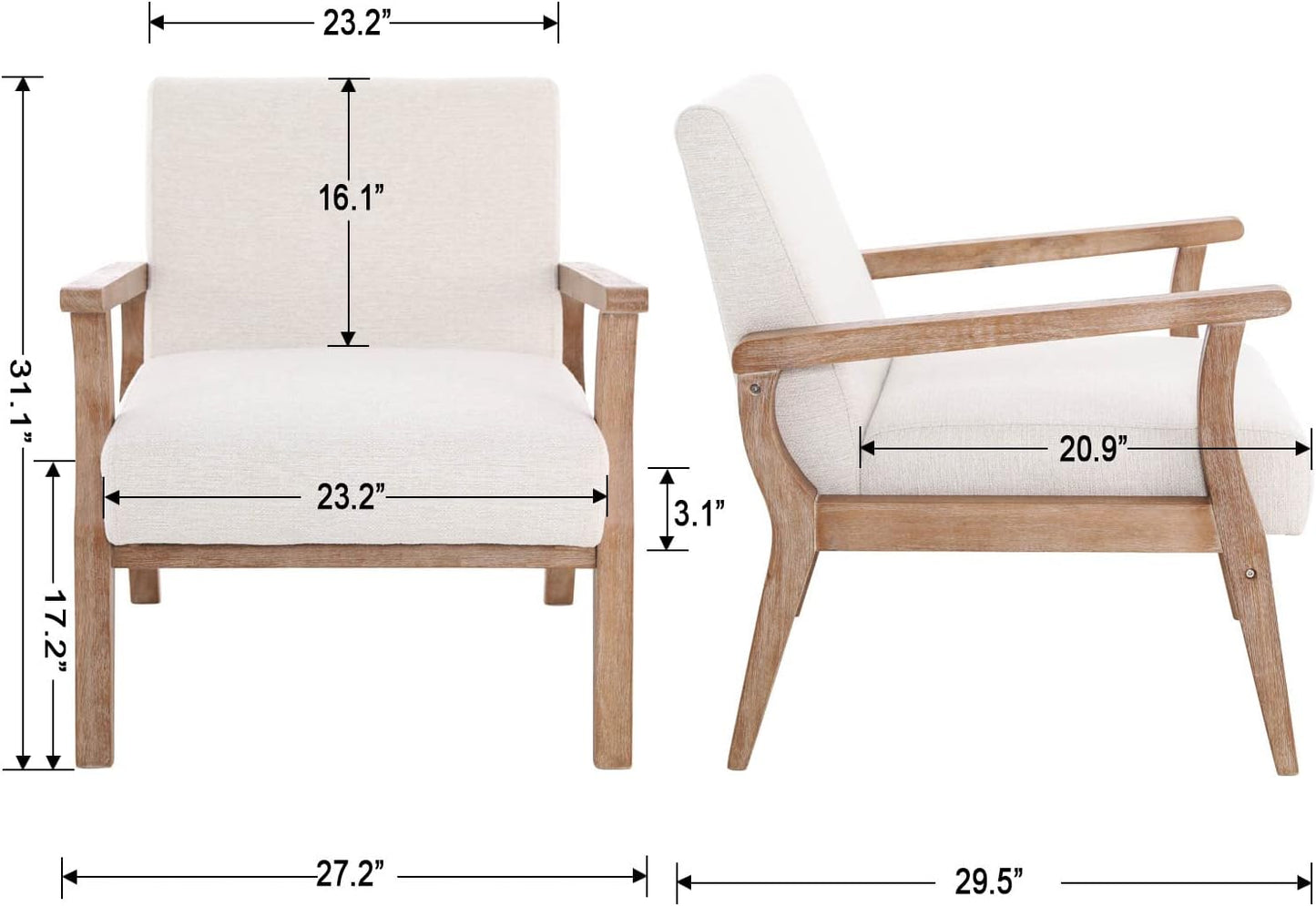 Mid Century Modern Accent Chair Set of 2, Linen Upholstered Living Room Accent Armchair with Wood Frame, Farmhouse Chair for Living Room Bedroom, Ivory