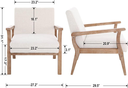 Accent Chair Mid Century Modern Armchair, Linen Upholstered Living Room Accent Armchair with Wood Frame, Farmhouse Chair Indoor Corner Chair for Living Room Bedroom, Ivory