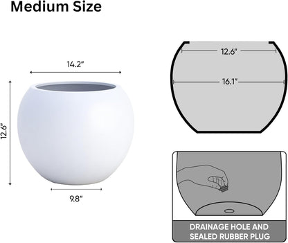DTY Signature Mount Sherman Lightweight Durable Modern Fiberstone Sphere Planter for Indoor & Outdoor Drainage Hole & Rubber Plug Weather Resistant, 13.5" H x 17" Dia, 12" Opening - Medium, White