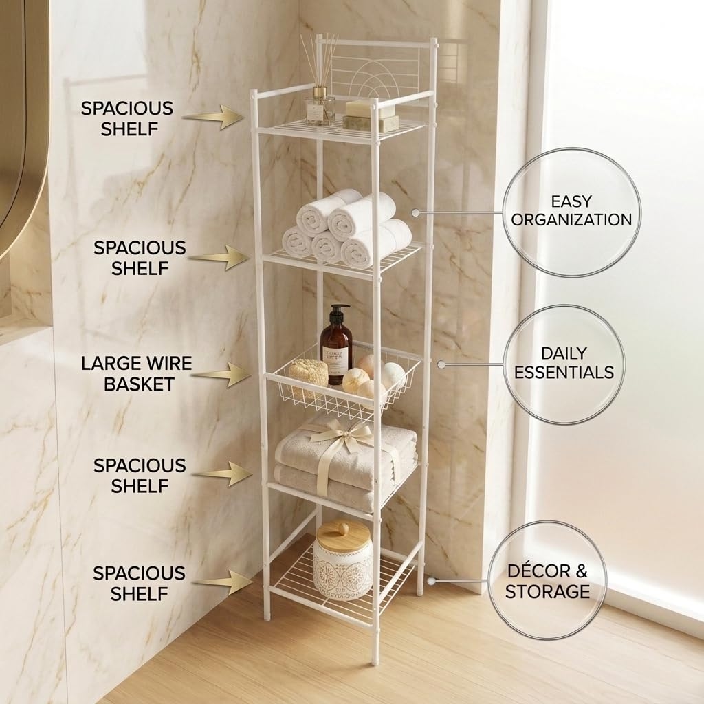 Bath Bliss 5 Tier Freestanding Bathroom Storage Shelf, White Metal Organizer Rack | Rust Resistant
