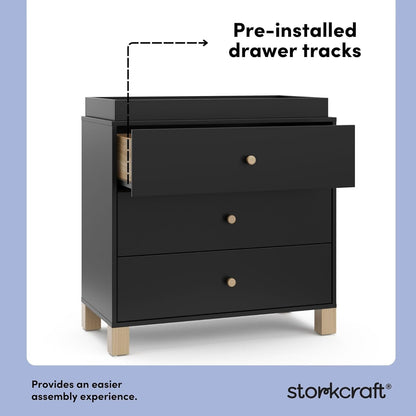 Storkcraft California 3-Drawer Chest with Removable Changing Topper (Black with Driftwood) – GREENGUARD Gold Certified, Interlocking Drawer System, Pre-Installed Tracks, Easy Assembly