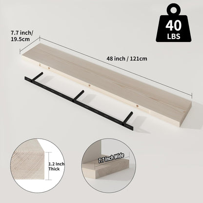 SAUMONIERES Floating Shelves 8 Inch Deep Solid Wood Wide Wall Shelf Set of 1 Wall Mounted for Bedroom Bathroom Living Room Kitchen, 48 Inch Natural