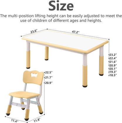 Children's Table and Chair Set Suitable for Boys and Girls Age 2-12 Height Adjustable Table top Can be Painted with 6 Seats Suitable for Family Learning Daily use (Wood Color)