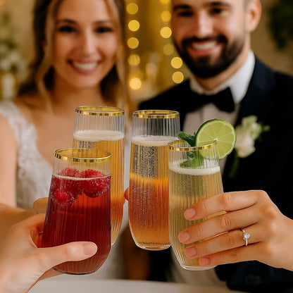 24 Pack Ribbed Origami Ripple Plastic Glasses, 12-9 Ounce Stemless Champagne Flutes & 12-12 Ounce Cups, BPA-Free Disposable Shatterproof Toasting Glasses for Weddings, Bars, and Events (Gold Rim)