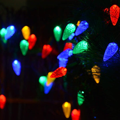 Solar Christmas Lights Outdoor C6 Strawberry String Lights, LED Christmas Fairy Lights 50 LEDs Solar Operated Rechargeable Garden Lights for Christmas Tree, Holiday, Arbor Decor (Multicolor, 8 Modes)