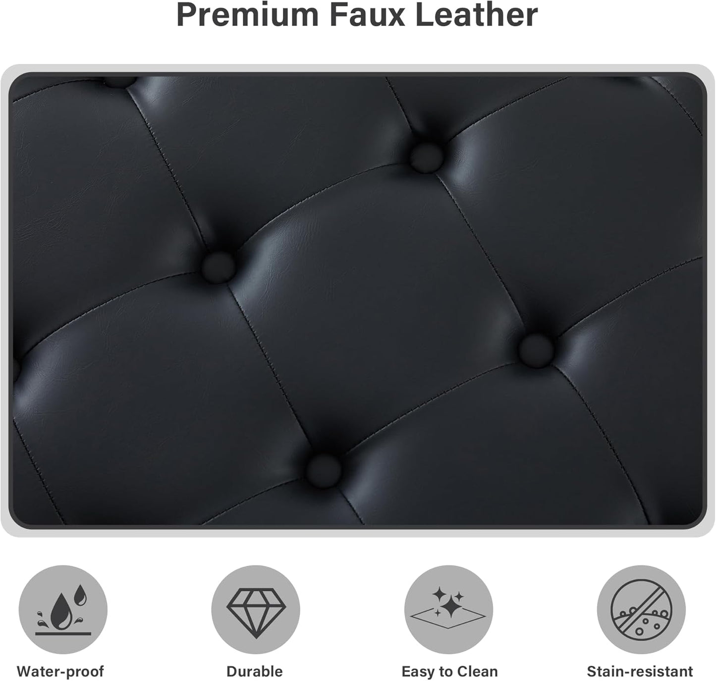 30-Inch Large Round Ottoman, Faux Leather Coffee Table with Removable Lid Top, Upholstered Footrest Modern Button Circle Storage Ottoman for Living Room, Office, PU Black