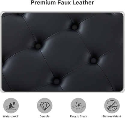 30-Inch Large Round Ottoman, Faux Leather Coffee Table with Removable Lid Top, Upholstered Footrest Modern Button Circle Storage Ottoman for Living Room, Office, PU Black
