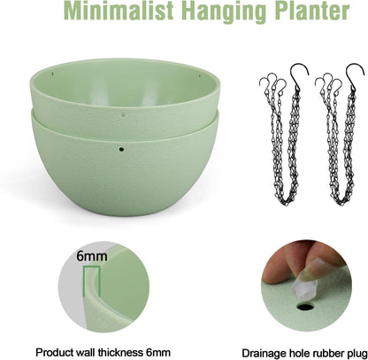 12 inch Large Hanging Planters Plant Pots for Indoor Outdoor Plants, 2 Pack Hanging Flower Pots with Drainage Holes and Chain for Garden Porch, Plastic Hanging Baskets for House Plants, Green
